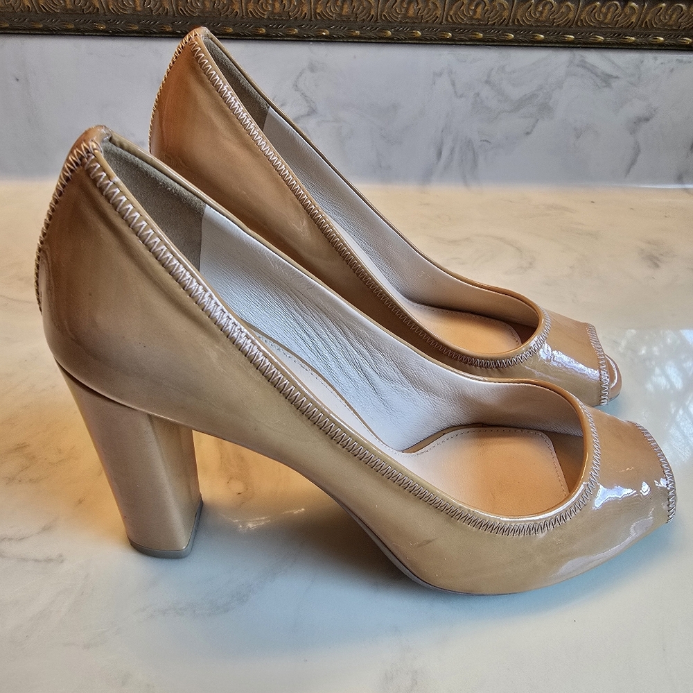 Prada Nude Patent Leather Peep-Toe Pumps